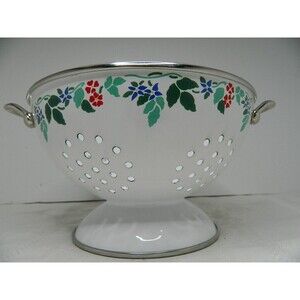 Kobe Colander Strainer White Enamel Floral Design Pedestal 5"H 8.5"Diameter EUC